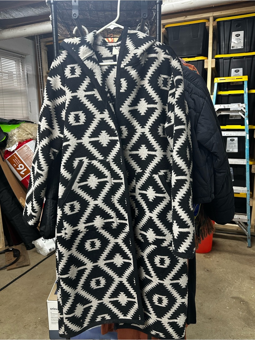 Black & White Geometric Hooded Long Coat